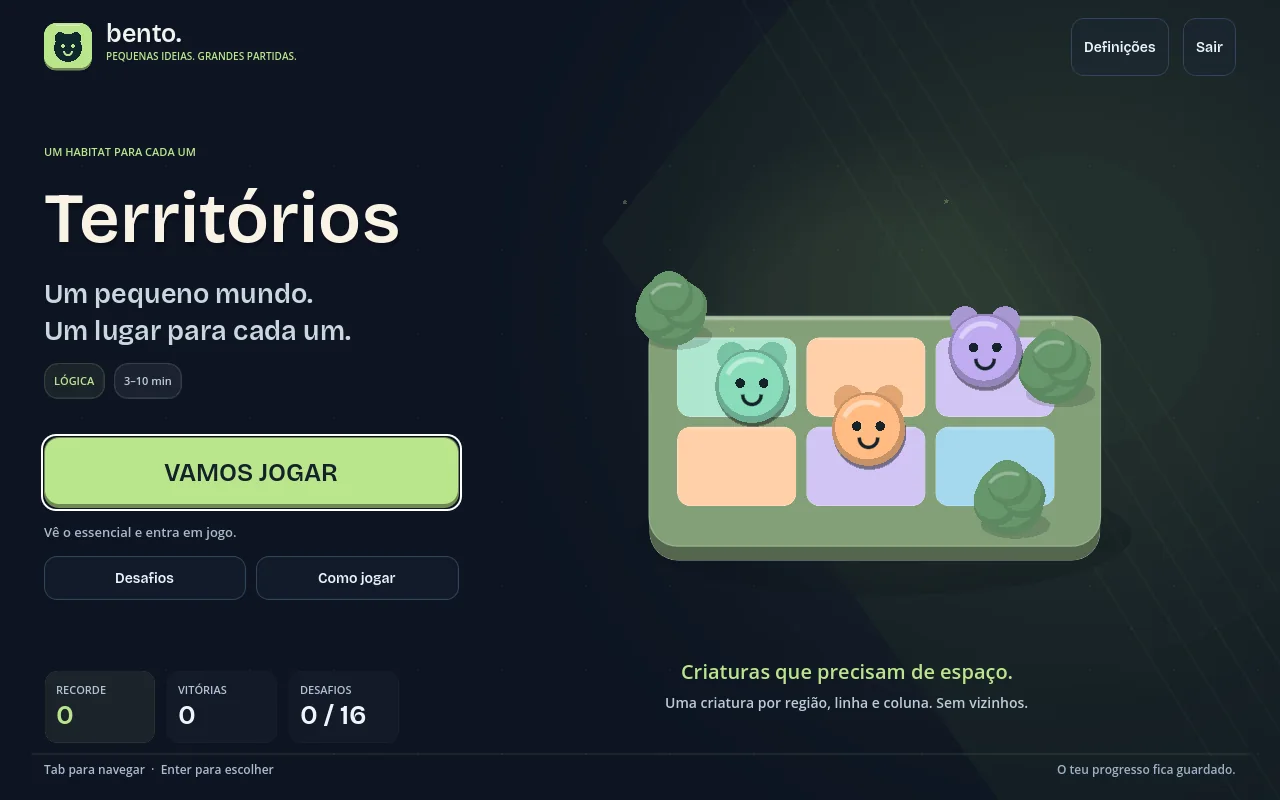 Ecrã inicial de Bento Territórios